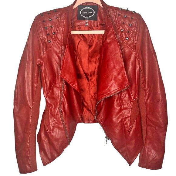 Love Tree Deep Red Faux Leather Moto Jacket Womens M Y2k Grunge 90s Rock Studded - Picture 1 of 11